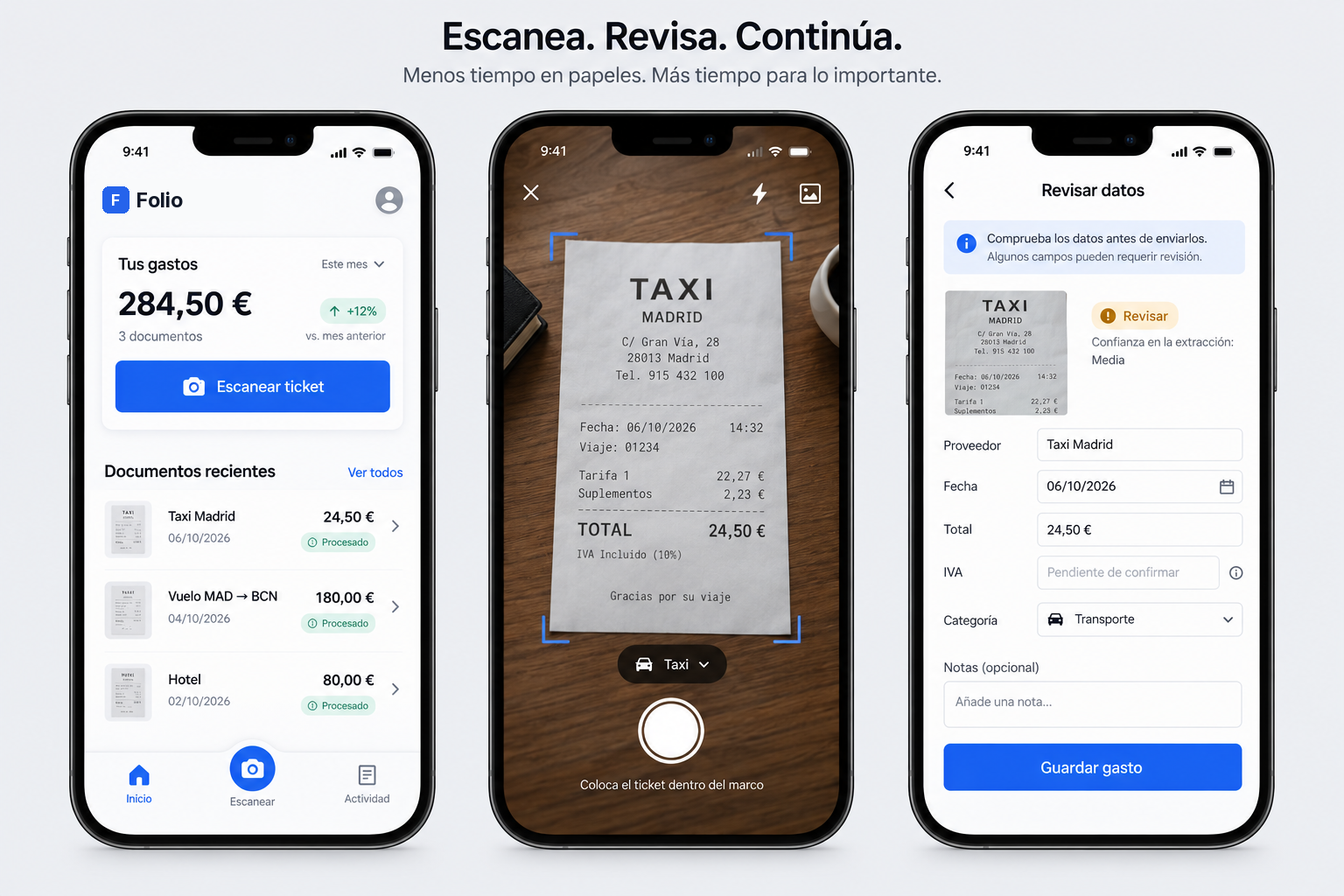 Three mobile app screens showing recent expenses, camera capture, and editable receipt data