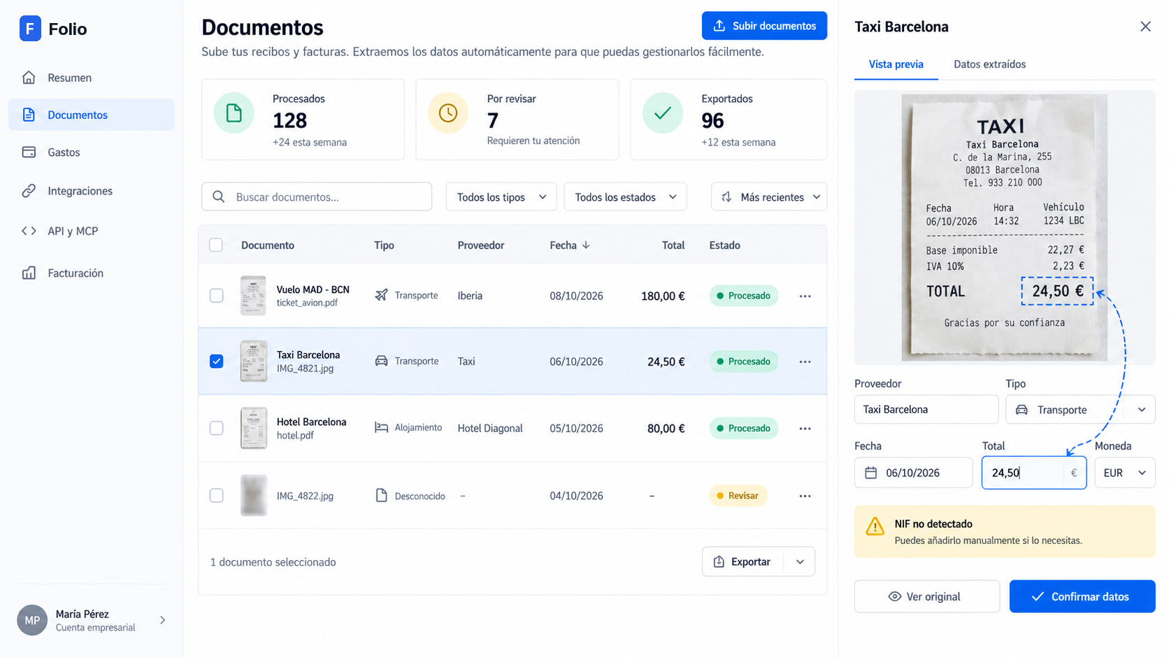 Folio document workspace with travel expenses and a taxi receipt beside its extracted fields